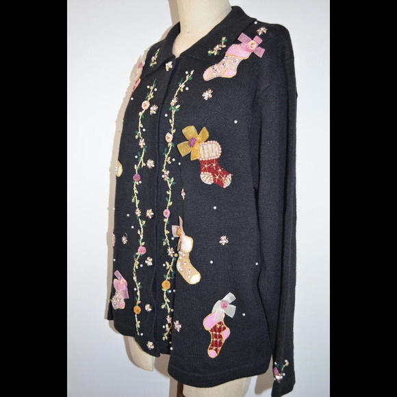 BP Design Black Sweater w/Stockings Ribbons Pearls Christmas Holiday Women's XL - Picture 3 of 5